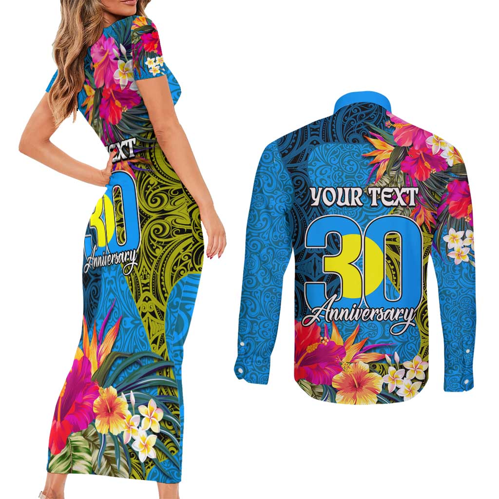 Personalised Palau Independence Day Couples Matching Short Sleeve Bodycon Dress and Long Sleeve Button Shirt 1st October 30th Anniversary Polynesian Jungle Flower LT03 - Polynesian Pride