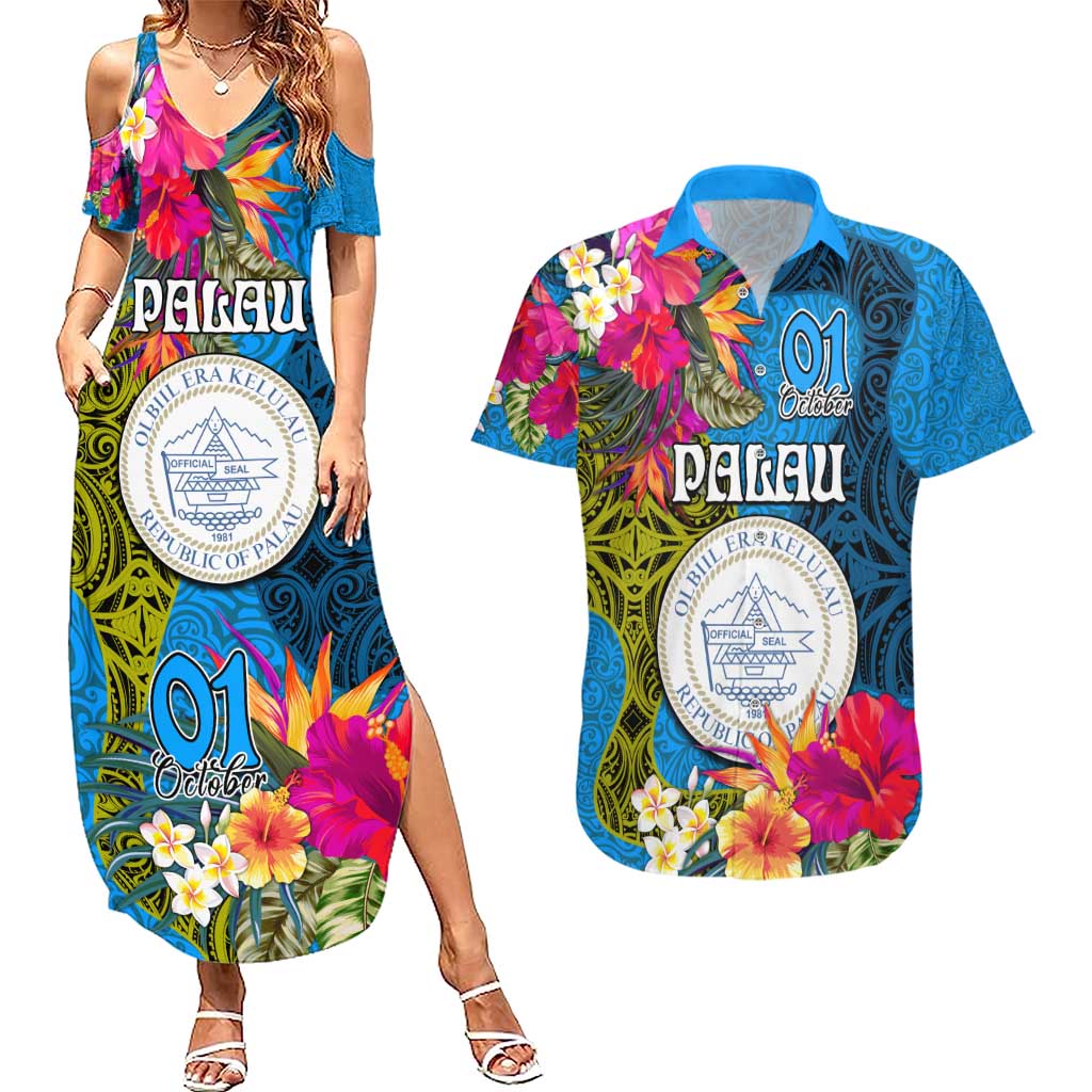 Personalised Palau Independence Day Couples Matching Summer Maxi Dress and Hawaiian Shirt 1st October 30th Anniversary Polynesian Jungle Flower LT03 Blue - Polynesian Pride