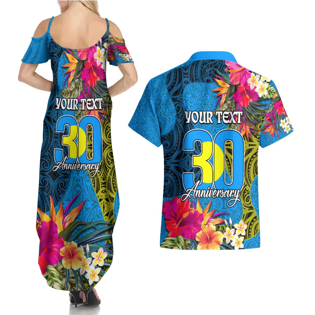 Personalised Palau Independence Day Couples Matching Summer Maxi Dress and Hawaiian Shirt 1st October 30th Anniversary Polynesian Jungle Flower LT03 - Polynesian Pride
