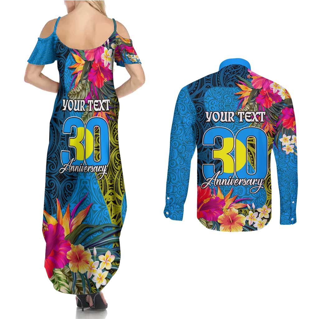 Personalised Palau Independence Day Couples Matching Summer Maxi Dress and Long Sleeve Button Shirt 1st October 30th Anniversary Polynesian Jungle Flower LT03 - Polynesian Pride