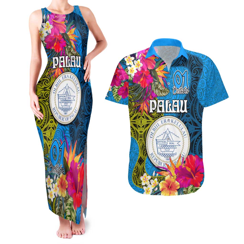 Personalised Palau Independence Day Couples Matching Tank Maxi Dress and Hawaiian Shirt 1st October 30th Anniversary Polynesian Jungle Flower LT03 Blue - Polynesian Pride