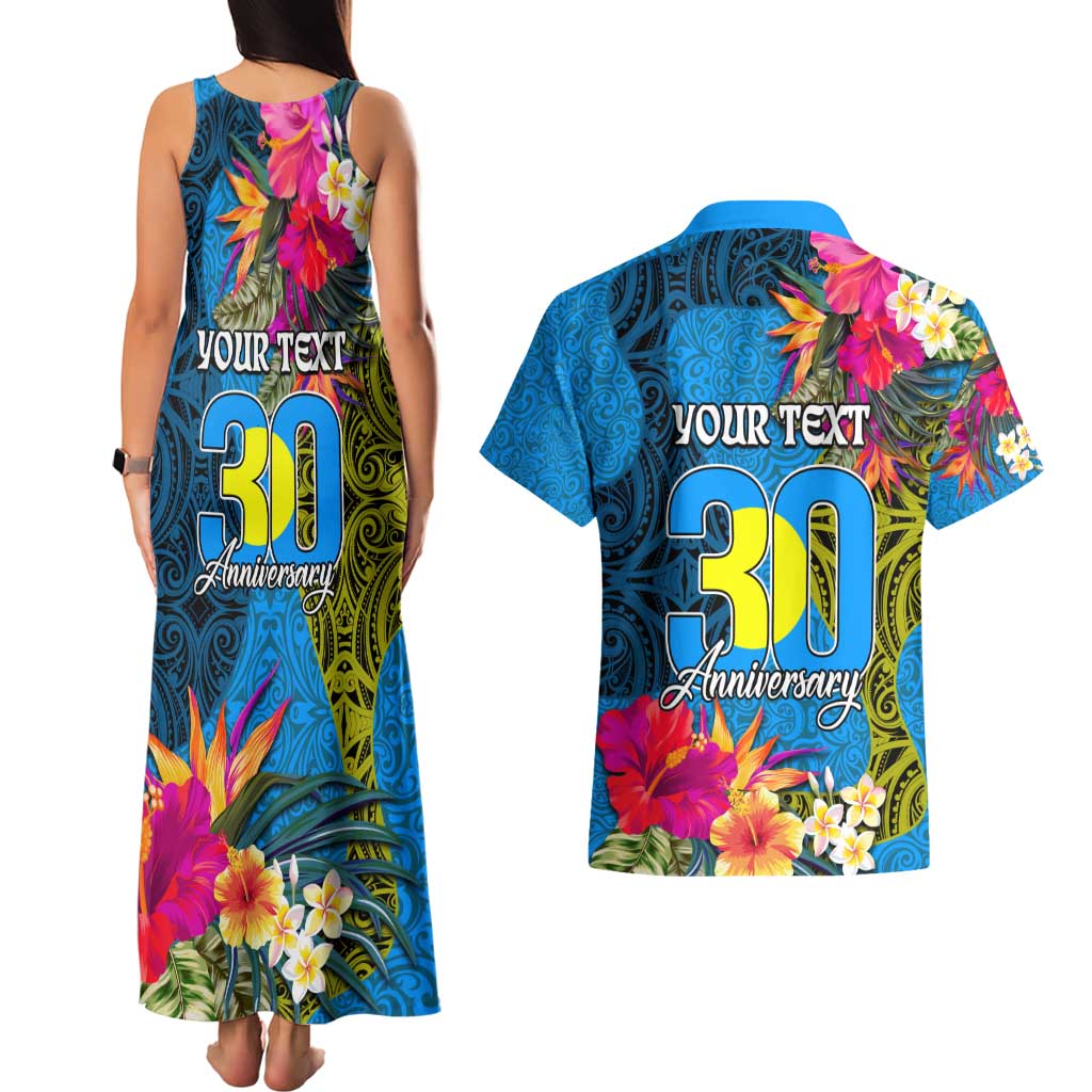 Personalised Palau Independence Day Couples Matching Tank Maxi Dress and Hawaiian Shirt 1st October 30th Anniversary Polynesian Jungle Flower LT03 - Polynesian Pride