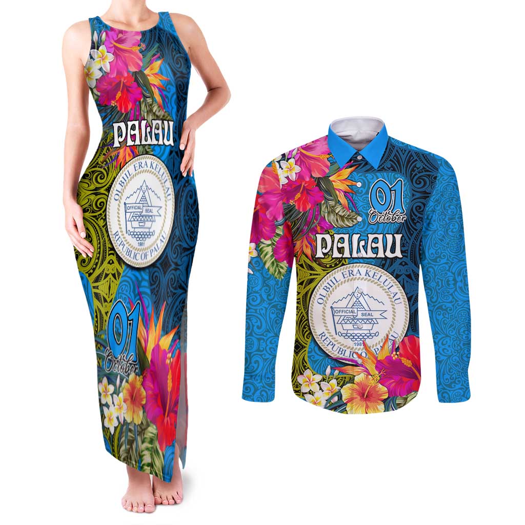 Personalised Palau Independence Day Couples Matching Tank Maxi Dress and Long Sleeve Button Shirt 1st October 30th Anniversary Polynesian Jungle Flower LT03 Blue - Polynesian Pride