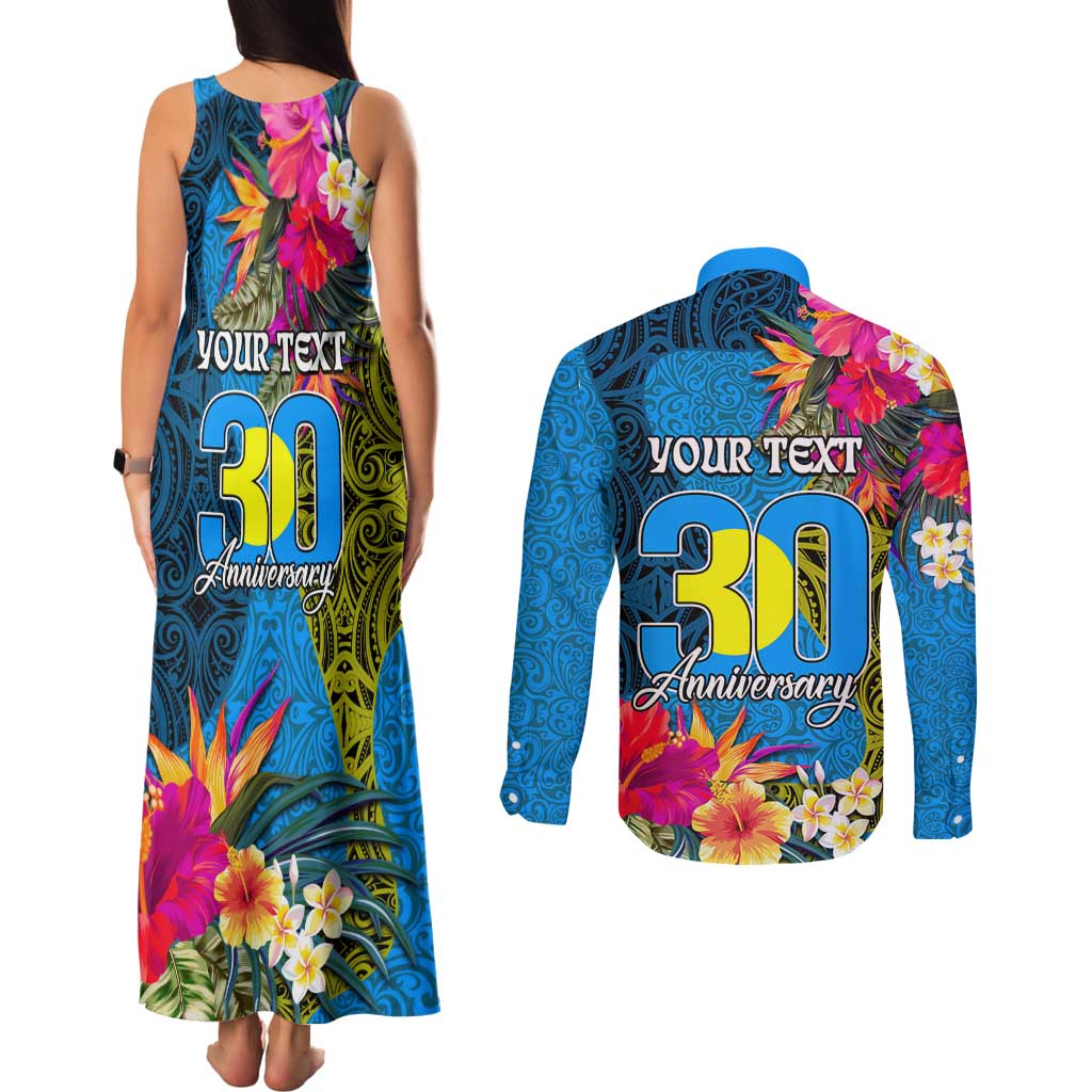 Personalised Palau Independence Day Couples Matching Tank Maxi Dress and Long Sleeve Button Shirt 1st October 30th Anniversary Polynesian Jungle Flower LT03 - Polynesian Pride