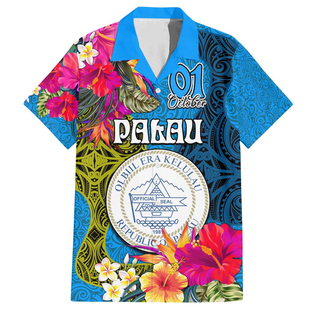 Personalised Palau Independence Day Family Matching Long Sleeve Bodycon Dress and Hawaiian Shirt 1st October 30th Anniversary Polynesian Jungle Flower LT03 Dad's Shirt - Short Sleeve Blue - Polynesian Pride