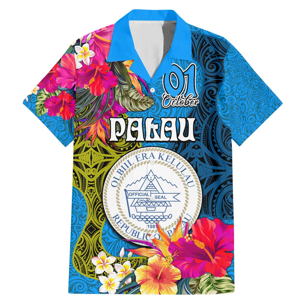Personalised Palau Independence Day Family Matching Mermaid Dress and Hawaiian Shirt 1st October 30th Anniversary Polynesian Jungle Flower LT03 Dad's Shirt - Short Sleeve Blue - Polynesian Pride