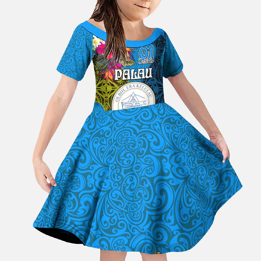 Personalised Palau Independence Day Family Matching Off Shoulder Maxi Dress and Hawaiian Shirt 1st October 30th Anniversary Polynesian Jungle Flower LT03 Daughter's Dress Blue - Polynesian Pride