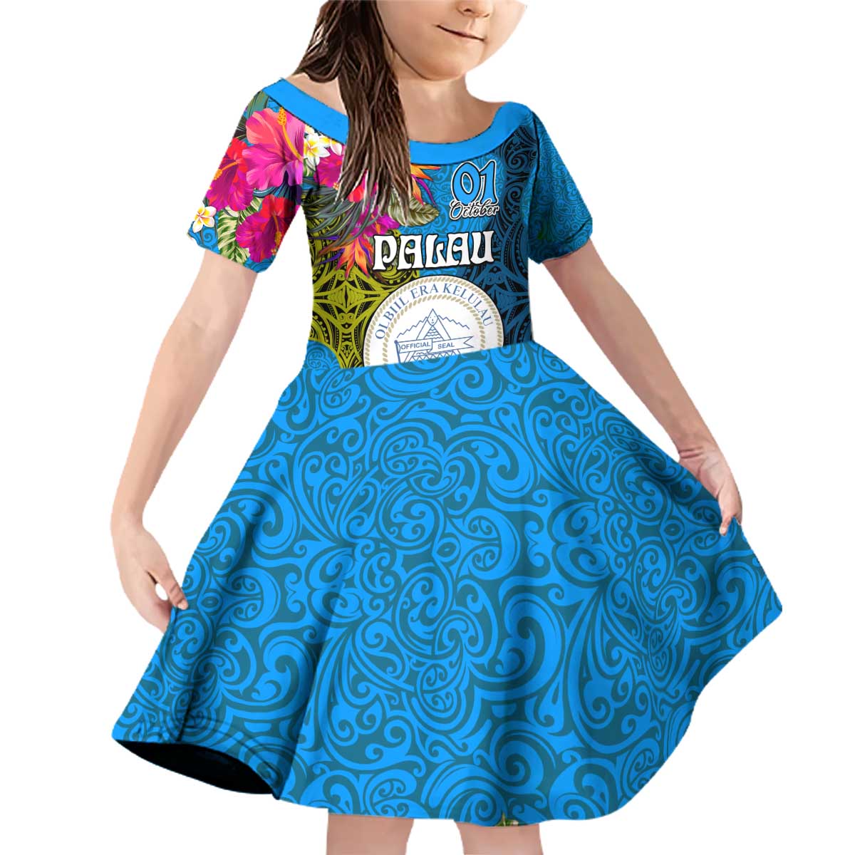 Personalised Palau Independence Day Family Matching Off Shoulder Short Dress and Hawaiian Shirt 1st October 30th Anniversary Polynesian Jungle Flower LT03 Daughter's Dress Blue - Polynesian Pride