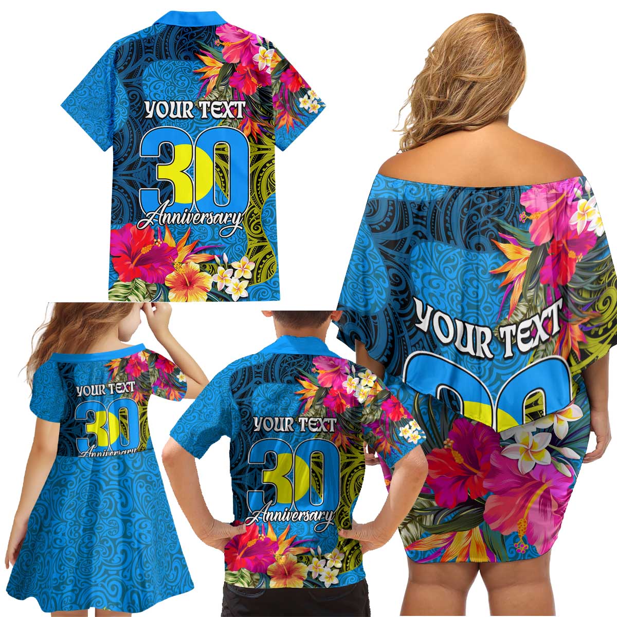 Personalised Palau Independence Day Family Matching Off Shoulder Short Dress and Hawaiian Shirt 1st October 30th Anniversary Polynesian Jungle Flower LT03 - Polynesian Pride