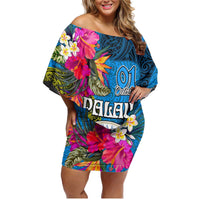 Personalised Palau Independence Day Family Matching Off Shoulder Short Dress and Hawaiian Shirt 1st October 30th Anniversary Polynesian Jungle Flower LT03 Mom's Dress Blue - Polynesian Pride