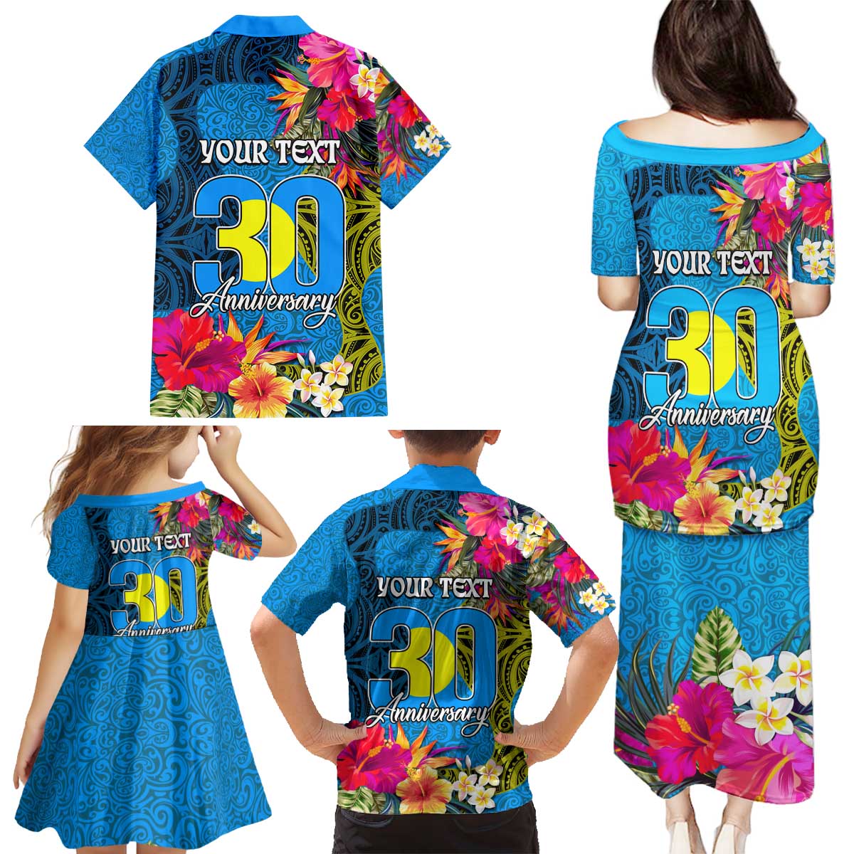 Personalised Palau Independence Day Family Matching Puletasi and Hawaiian Shirt 1st October 30th Anniversary Polynesian Jungle Flower LT03 - Polynesian Pride