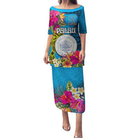 Personalised Palau Independence Day Family Matching Puletasi and Hawaiian Shirt 1st October 30th Anniversary Polynesian Jungle Flower LT03 Mom's Dress Blue - Polynesian Pride