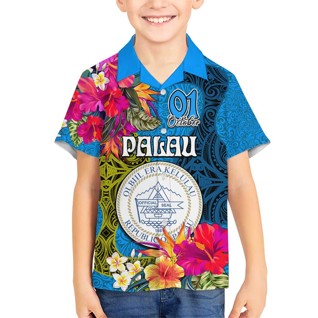 Personalised Palau Independence Day Family Matching Short Sleeve Bodycon Dress and Hawaiian Shirt 1st October 30th Anniversary Polynesian Jungle Flower LT03 Son's Shirt Blue - Polynesian Pride
