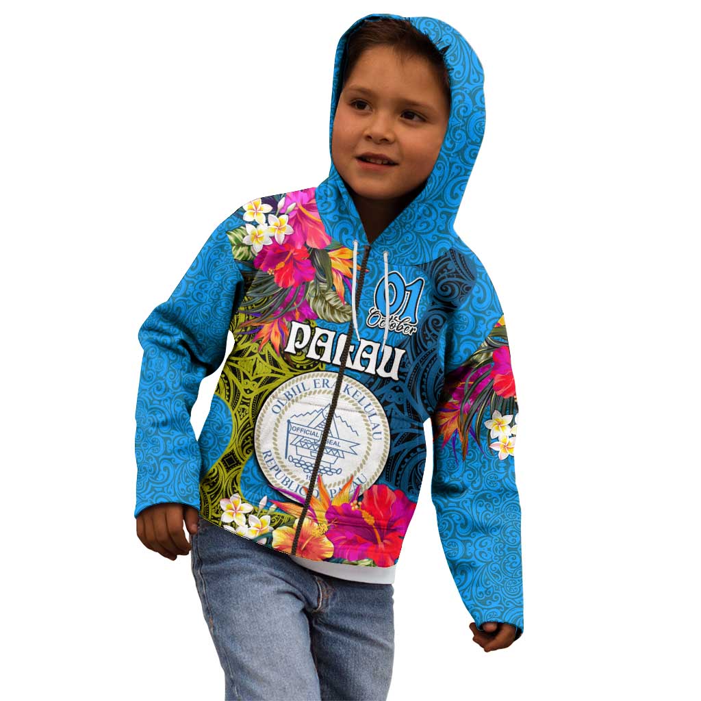 Personalised Palau Independence Day Kid Hoodie 1st October 30th Anniversary Polynesian Jungle Flower