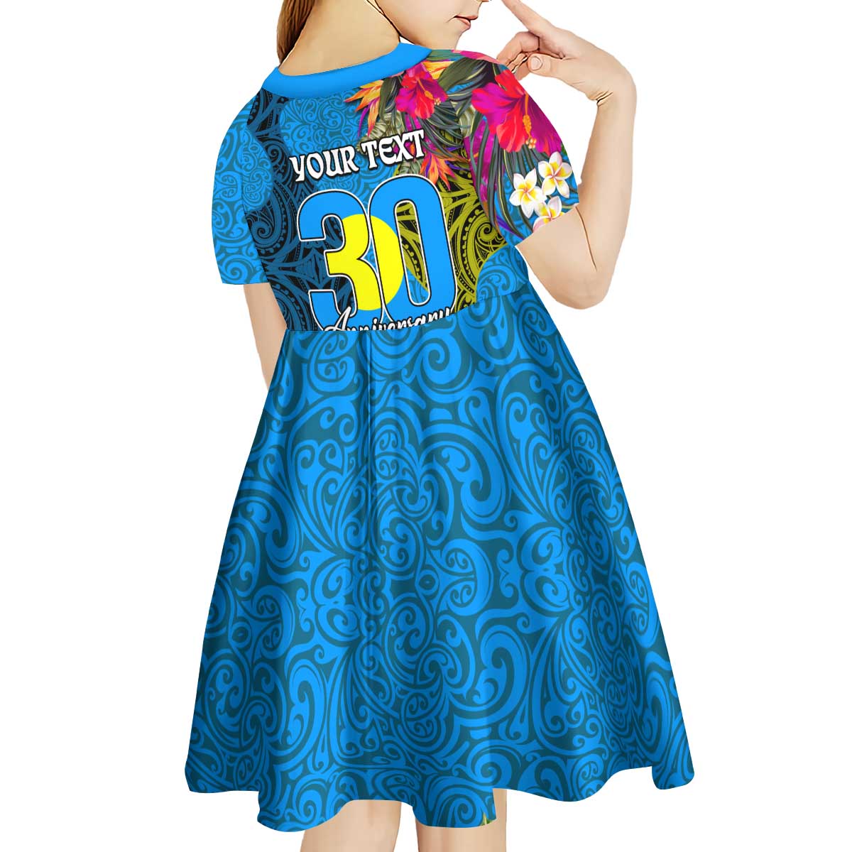 Personalised Palau Independence Day Kid Short Sleeve Dress 1st October 30th Anniversary Polynesian Jungle Flower