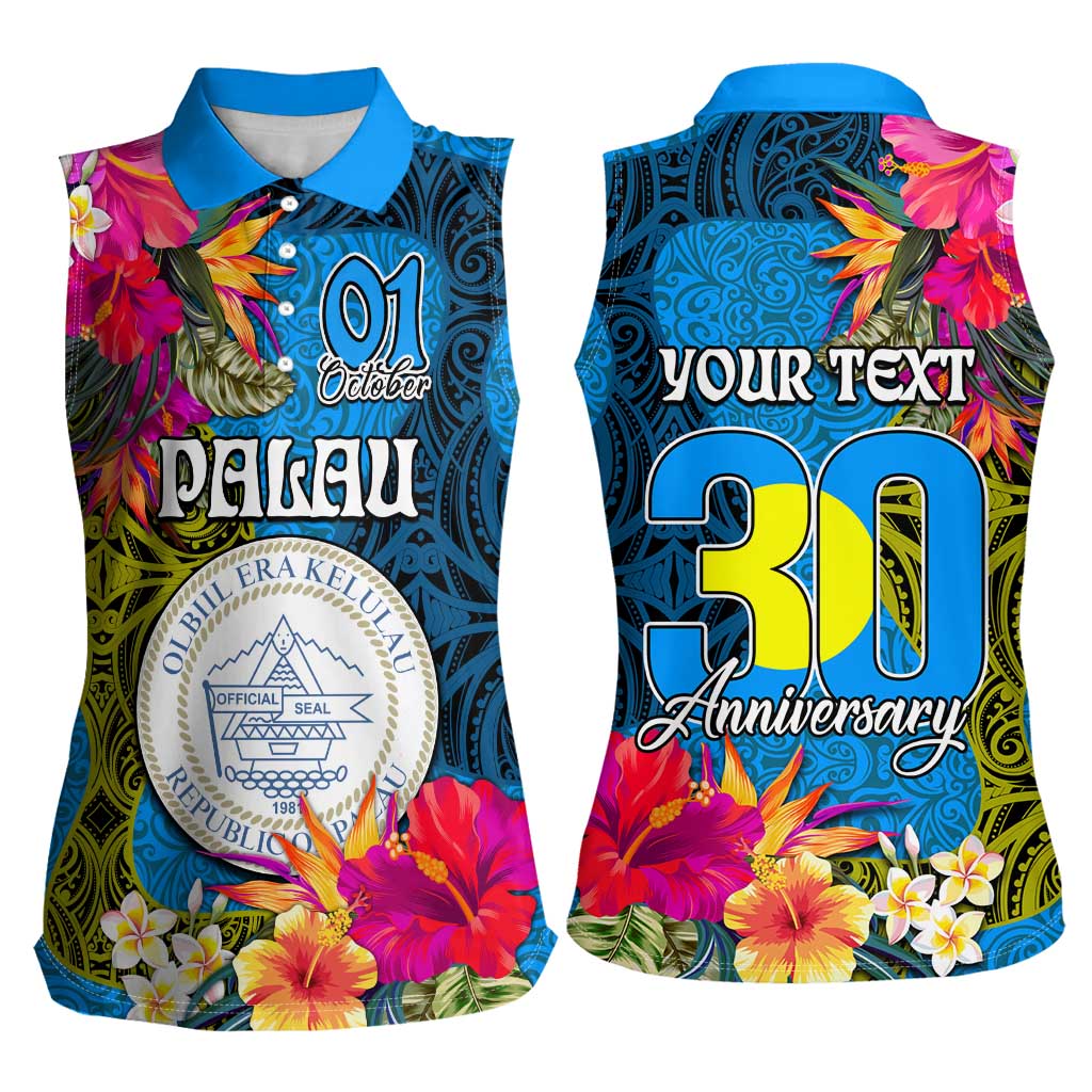 Personalised Palau Independence Day Women Sleeveless Polo Shirt 1st October 30th Anniversary Polynesian Jungle Flower LT03 - Polynesian Pride