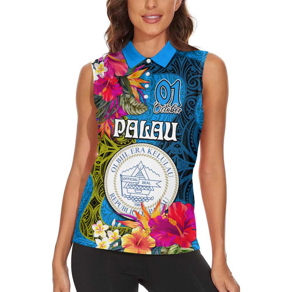 Personalised Palau Independence Day Women Sleeveless Polo Shirt 1st October 30th Anniversary Polynesian Jungle Flower LT03 - Polynesian Pride