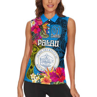Personalised Palau Independence Day Women Sleeveless Polo Shirt 1st October 30th Anniversary Polynesian Jungle Flower LT03 - Polynesian Pride