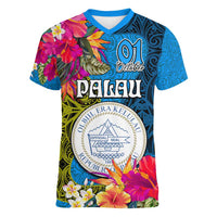 Personalised Palau Independence Day Women V-Neck T-Shirt 1st October 30th Anniversary Polynesian Jungle Flower LT03 Female Blue - Polynesian Pride