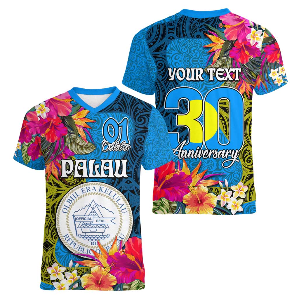 Personalised Palau Independence Day Women V-Neck T-Shirt 1st October 30th Anniversary Polynesian Jungle Flower LT03 - Polynesian Pride