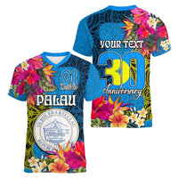 Personalised Palau Independence Day Women V-Neck T-Shirt 1st October 30th Anniversary Polynesian Jungle Flower LT03 - Polynesian Pride