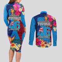 Tuvalu Independence Day Couples Matching Long Sleeve Bodycon Dress and Long Sleeve Button Shirt 1st October 46th Anniversary Polynesian Jungle Flower
