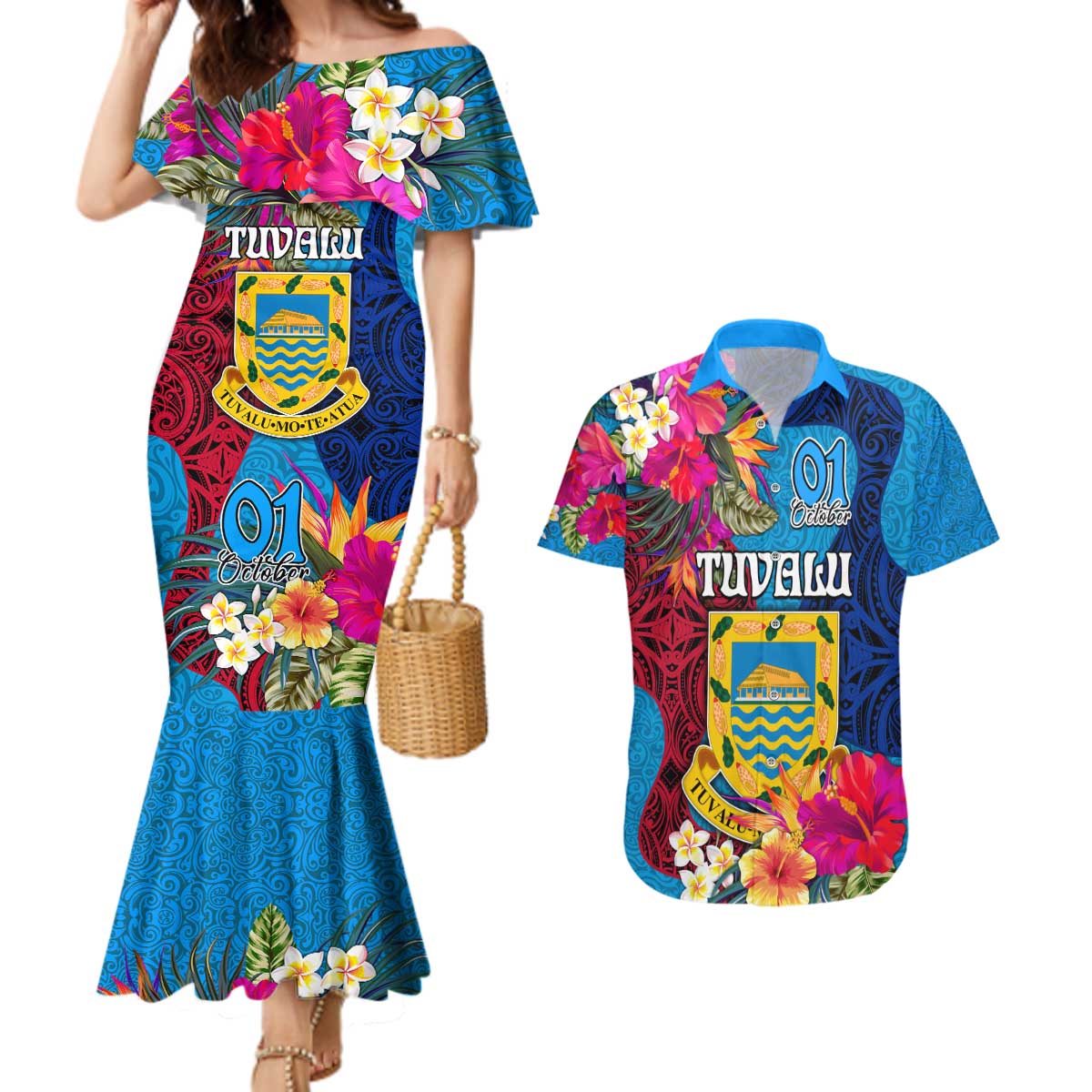 Tuvalu Independence Day Couples Matching Mermaid Dress and Hawaiian Shirt 1st October 46th Anniversary Polynesian Jungle Flower LT03 Blue - Polynesian Pride
