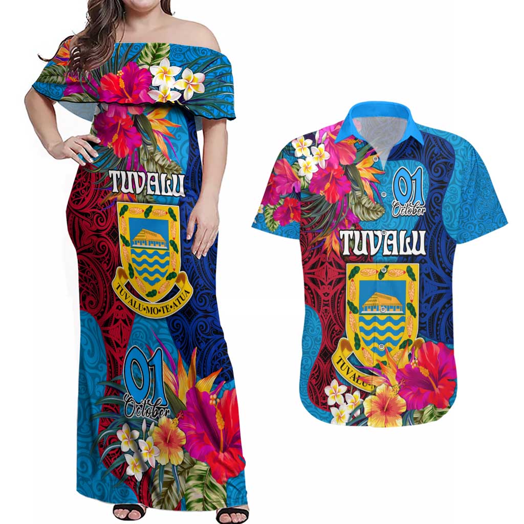 Tuvalu Independence Day Couples Matching Off Shoulder Maxi Dress and Hawaiian Shirt 1st October 46th Anniversary Polynesian Jungle Flower LT03 Blue - Polynesian Pride