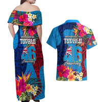 Tuvalu Independence Day Couples Matching Off Shoulder Maxi Dress and Hawaiian Shirt 1st October 46th Anniversary Polynesian Jungle Flower LT03 - Polynesian Pride