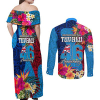 Tuvalu Independence Day Couples Matching Off Shoulder Maxi Dress and Long Sleeve Button Shirt 1st October 46th Anniversary Polynesian Jungle Flower