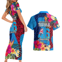 Tuvalu Independence Day Couples Matching Short Sleeve Bodycon Dress and Hawaiian Shirt 1st October 46th Anniversary Polynesian Jungle Flower LT03 - Polynesian Pride