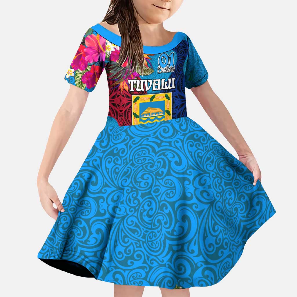 Tuvalu Independence Day Family Matching Mermaid Dress and Hawaiian Shirt 1st October 46th Anniversary Polynesian Jungle Flower LT03 Daughter's Dress Blue - Polynesian Pride