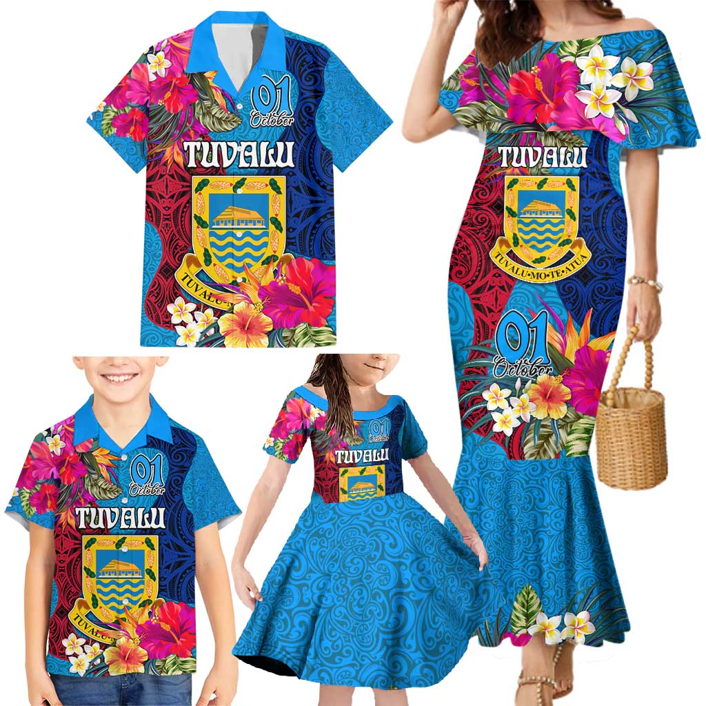 Tuvalu Independence Day Family Matching Mermaid Dress and Hawaiian Shirt 1st October 46th Anniversary Polynesian Jungle Flower LT03 - Polynesian Pride