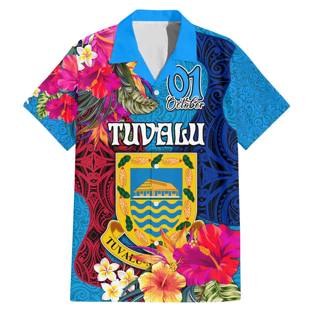 Tuvalu Independence Day Family Matching Mermaid Dress and Hawaiian Shirt 1st October 46th Anniversary Polynesian Jungle Flower LT03 Dad's Shirt - Short Sleeve Blue - Polynesian Pride