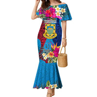 Tuvalu Independence Day Family Matching Mermaid Dress and Hawaiian Shirt 1st October 46th Anniversary Polynesian Jungle Flower LT03 Mom's Dress Blue - Polynesian Pride