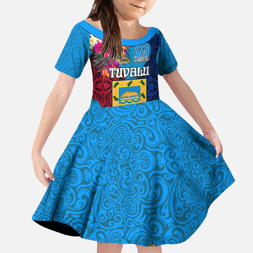 Tuvalu Independence Day Family Matching Off Shoulder Maxi Dress and Hawaiian Shirt 1st October 46th Anniversary Polynesian Jungle Flower LT03 Daughter's Dress Blue - Polynesian Pride