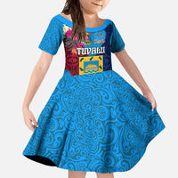 Tuvalu Independence Day Family Matching Off Shoulder Maxi Dress and Hawaiian Shirt 1st October 46th Anniversary Polynesian Jungle Flower LT03 Daughter's Dress Blue - Polynesian Pride
