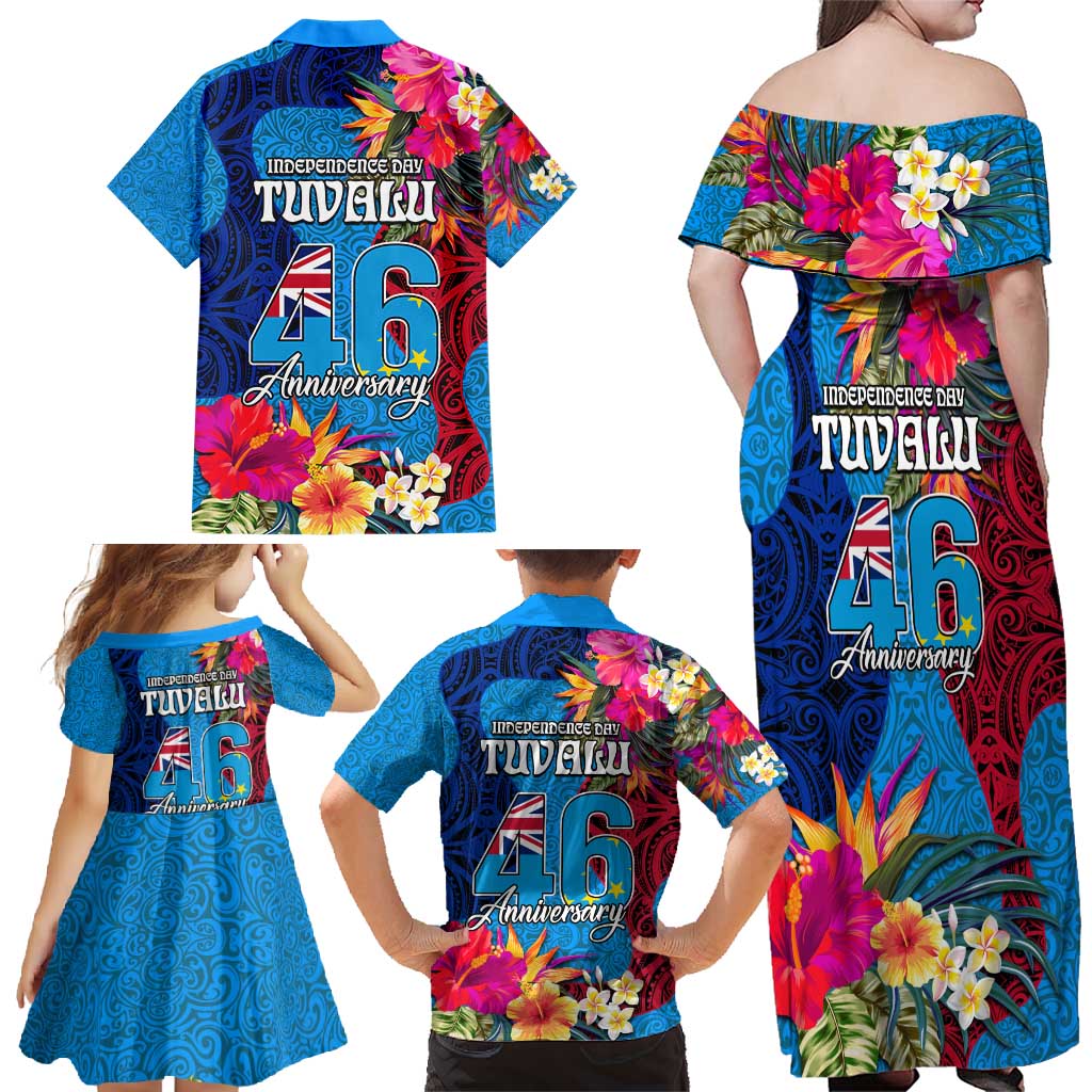Tuvalu Independence Day Family Matching Off Shoulder Maxi Dress and Hawaiian Shirt 1st October 46th Anniversary Polynesian Jungle Flower LT03 - Polynesian Pride
