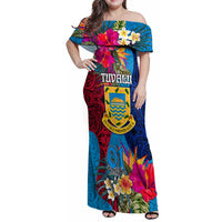 Tuvalu Independence Day Family Matching Off Shoulder Maxi Dress and Hawaiian Shirt 1st October 46th Anniversary Polynesian Jungle Flower LT03 Mom's Dress Blue - Polynesian Pride
