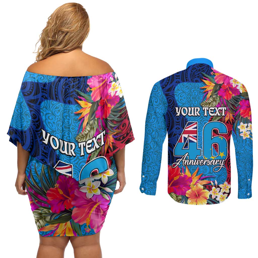 Personalised Tuvalu Independence Day Couples Matching Off Shoulder Short Dress and Long Sleeve Button Shirt 1st October 46th Anniversary Polynesian Jungle Flower