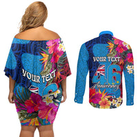 Personalised Tuvalu Independence Day Couples Matching Off Shoulder Short Dress and Long Sleeve Button Shirt 1st October 46th Anniversary Polynesian Jungle Flower