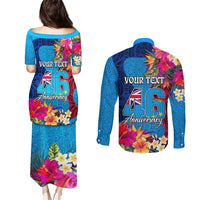 Personalised Tuvalu Independence Day Couples Matching Puletasi and Long Sleeve Button Shirt 1st October 46th Anniversary Polynesian Jungle Flower