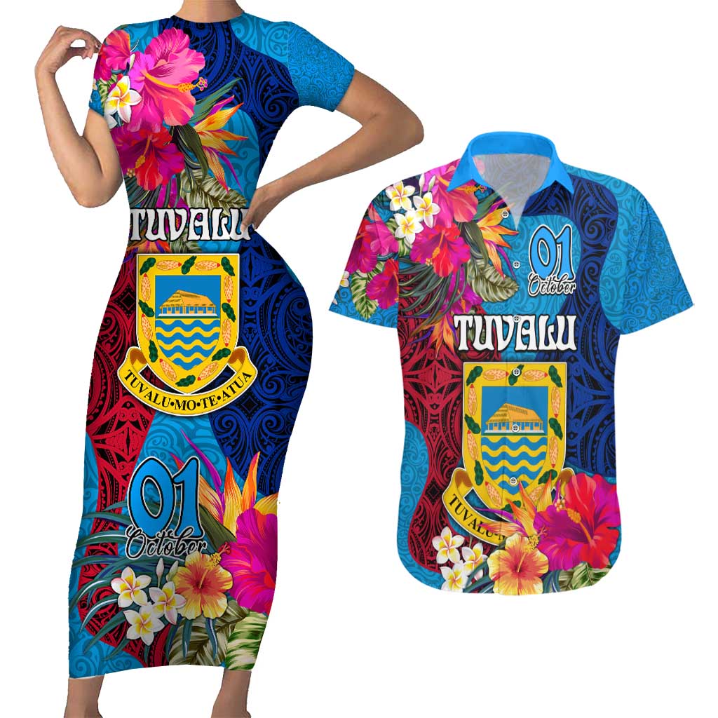 Personalised Tuvalu Independence Day Couples Matching Short Sleeve Bodycon Dress and Hawaiian Shirt 1st October 46th Anniversary Polynesian Jungle Flower LT03 Blue - Polynesian Pride
