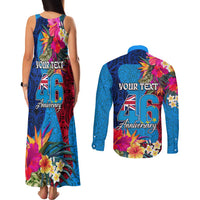 Personalised Tuvalu Independence Day Couples Matching Tank Maxi Dress and Long Sleeve Button Shirt 1st October 46th Anniversary Polynesian Jungle Flower