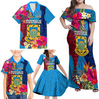 Personalised Tuvalu Independence Day Family Matching Off Shoulder Maxi Dress and Hawaiian Shirt 1st October 46th Anniversary Polynesian Jungle Flower LT03 - Polynesian Pride