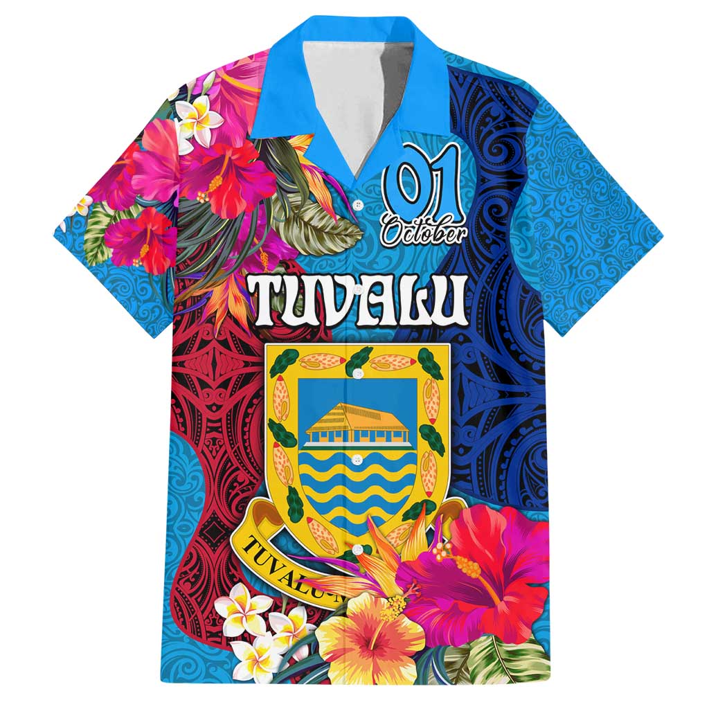 Personalised Tuvalu Independence Day Family Matching Off Shoulder Maxi Dress and Hawaiian Shirt 1st October 46th Anniversary Polynesian Jungle Flower LT03 Dad's Shirt - Short Sleeve Blue - Polynesian Pride