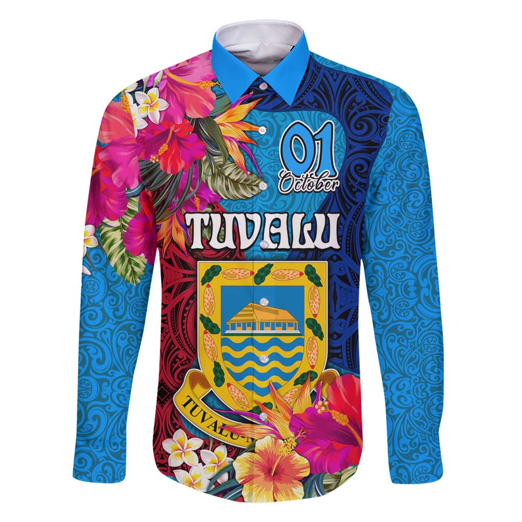 Personalised Tuvalu Independence Day Family Matching Off Shoulder Maxi Dress and Hawaiian Shirt 1st October 46th Anniversary Polynesian Jungle Flower LT03 Dad's Shirt - Long Sleeve Blue - Polynesian Pride