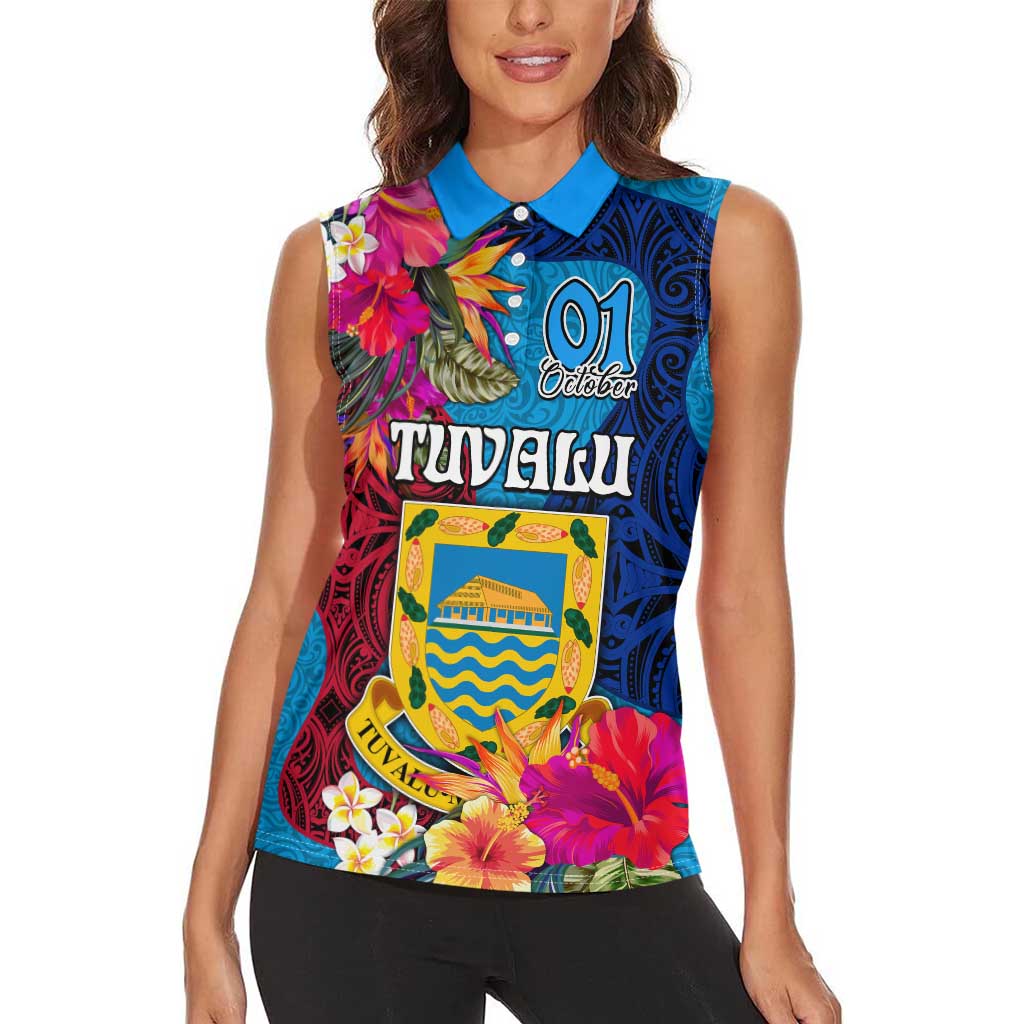 Personalised Tuvalu Independence Day Women Sleeveless Polo Shirt 1st October 46th Anniversary Polynesian Jungle Flower LT03 - Polynesian Pride