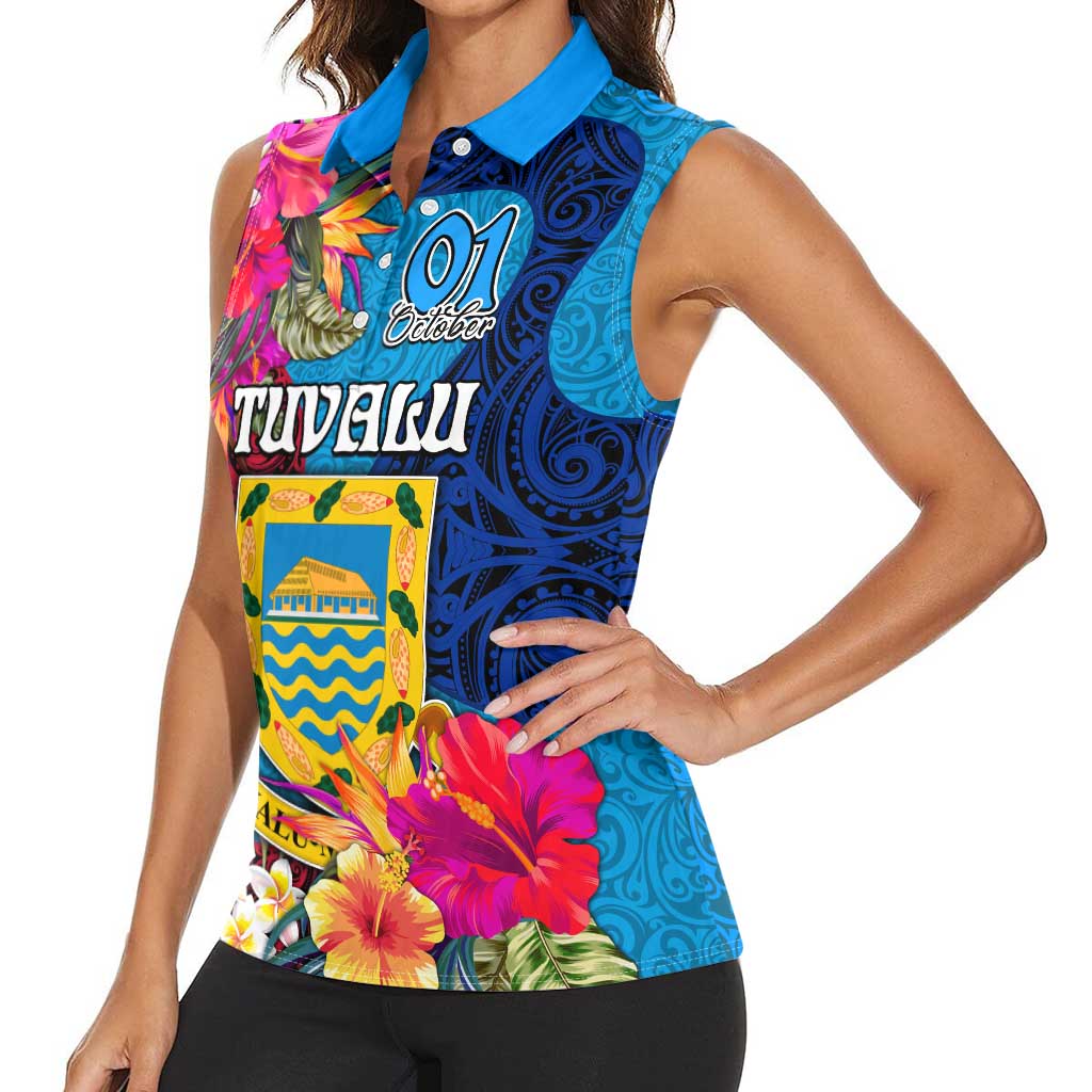 Personalised Tuvalu Independence Day Women Sleeveless Polo Shirt 1st October 46th Anniversary Polynesian Jungle Flower LT03 - Polynesian Pride