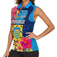 Personalised Tuvalu Independence Day Women Sleeveless Polo Shirt 1st October 46th Anniversary Polynesian Jungle Flower LT03 - Polynesian Pride